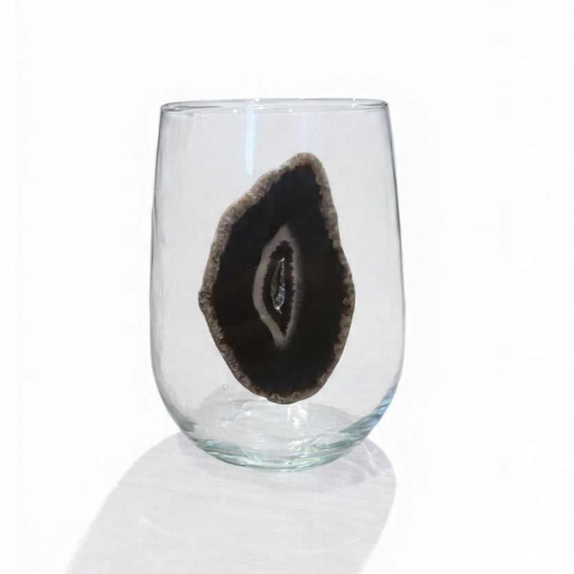 Deep Brown Natural Agate Geode Stemless Wineglass. Set of 4