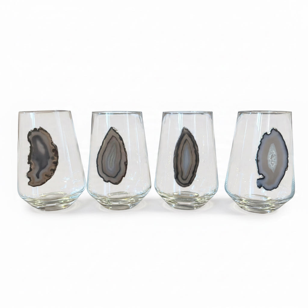 Black and Gray Agate Geode Stemless Crystal Wineglasses. Set of 4