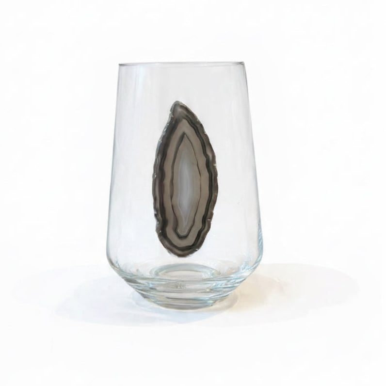 Black and Gray Agate Geode Stemless Crystal Wineglasses. Set of 4