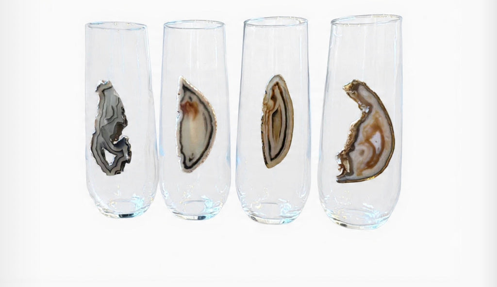 Natural Sliced Agate Geode Stemless Crystal Champagne Glasses. Set of 4