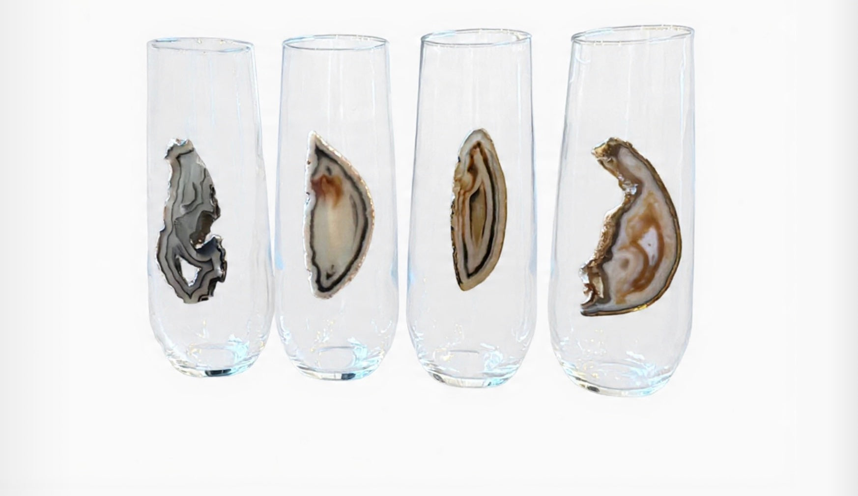 Natural Sliced Agate Geode Stemless Crystal Champagne Glasses. Set of 4