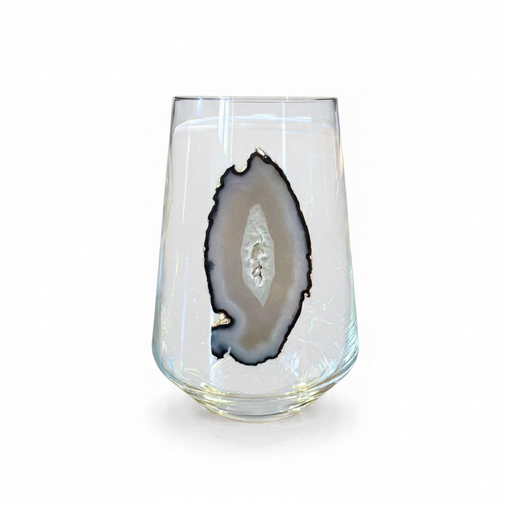 Black and Gray Agate Geode Stemless Crystal Wineglasses. Set of 4