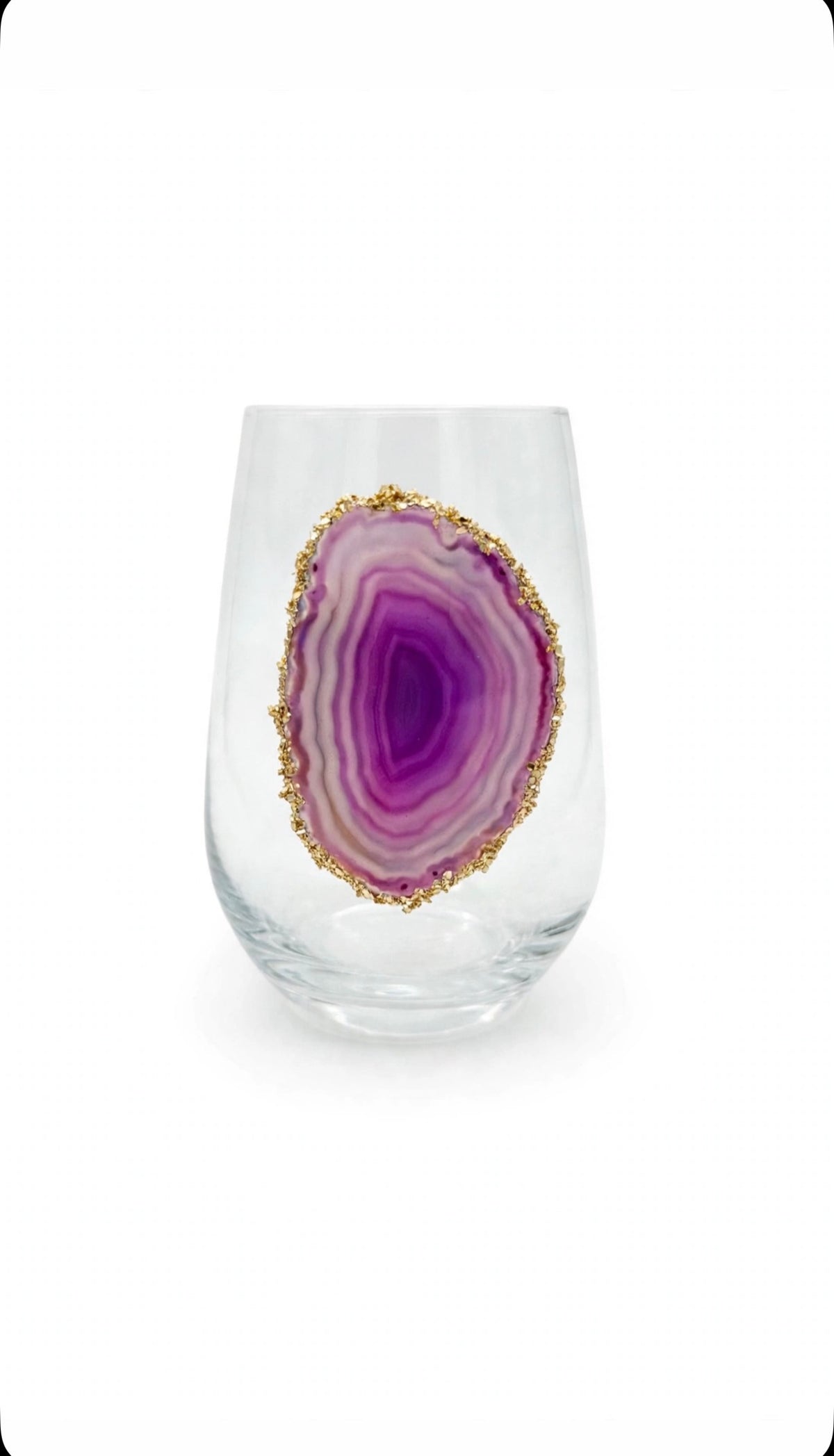 Light Purple Agate Geodes on Crystal Wineglass with Pyrite Rim. Set of 4