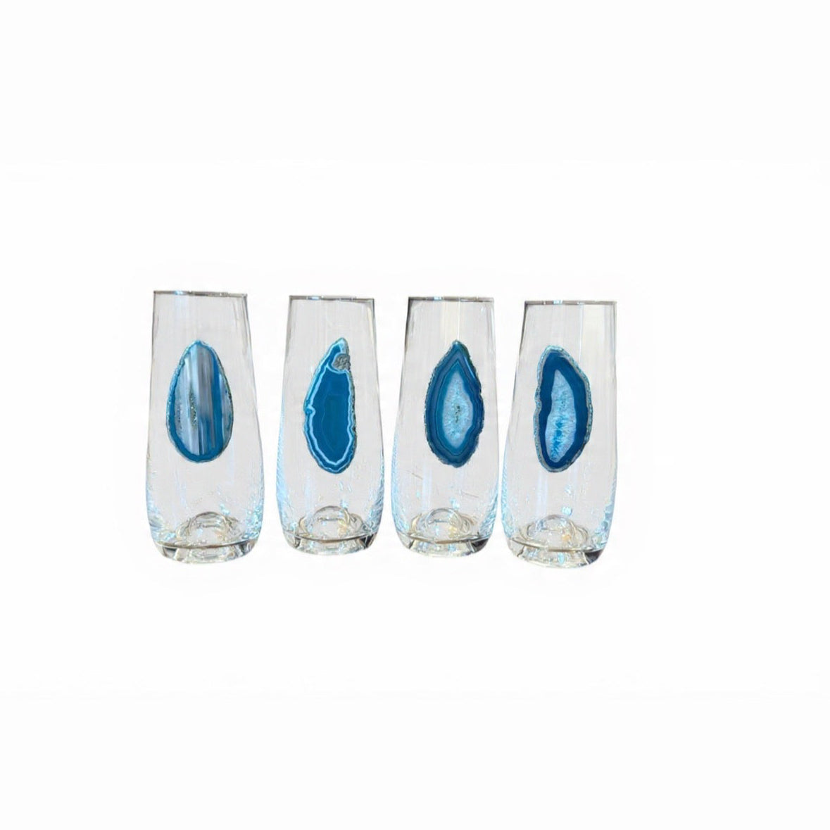 Aqua blue Agate Sliced Geode Crystal Stemless Champagne Glasses. Set of 4