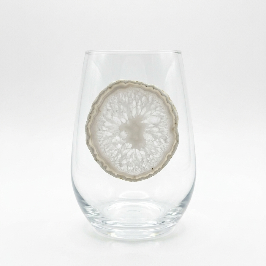 White Agate Stemless Wine Glasses on crystal. Set of 4.