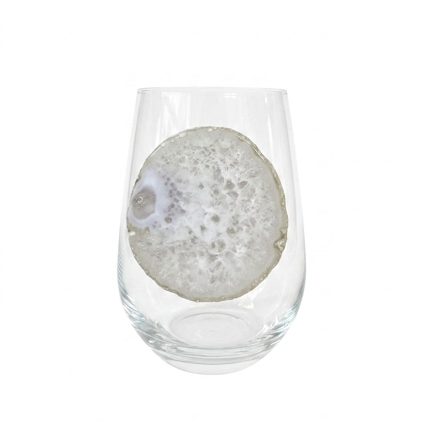 White Agate Stemless Wine Glasses on crystal. Set of 4.