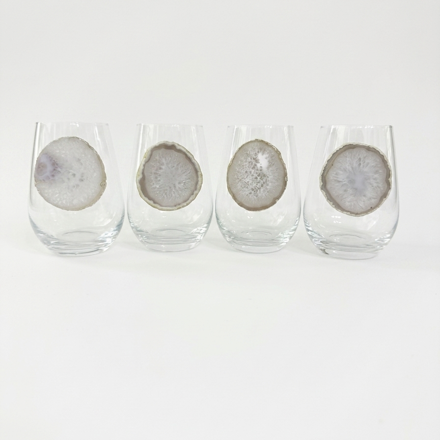White Agate Stemless Wine Glasses on crystal. Set of 4.