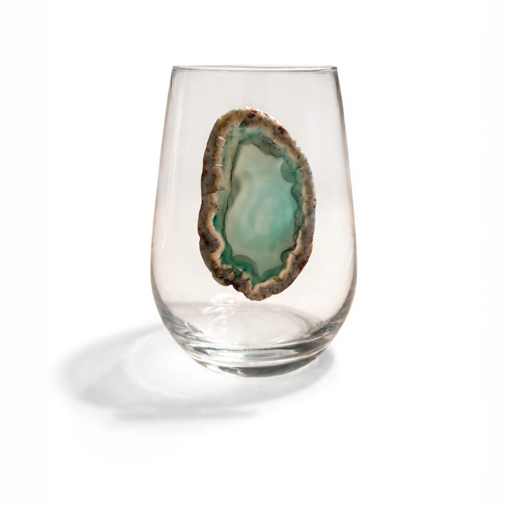 Light green and Clear Agate Geode on Crystal Stemless Wineglass. Set of 4