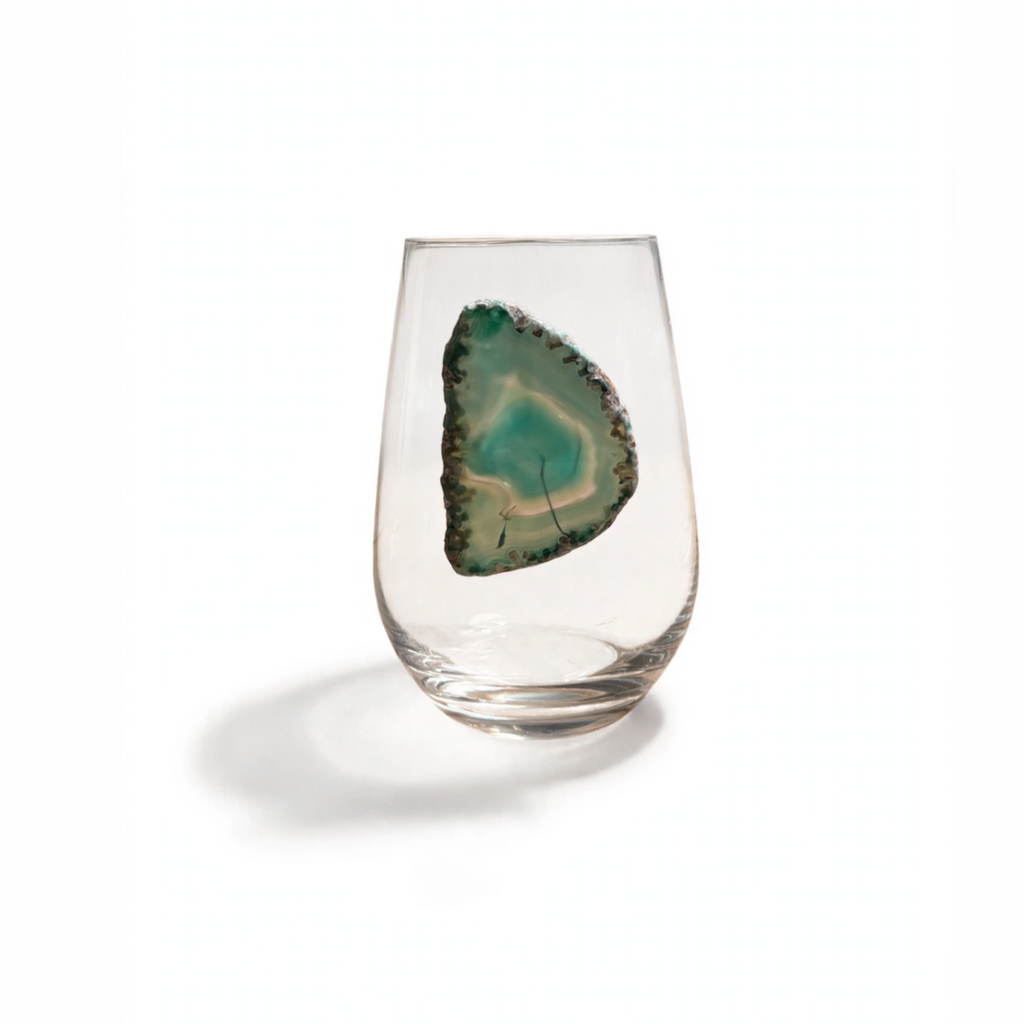 Light green and Clear Agate Geode on Crystal Stemless Wineglass. Set of 4