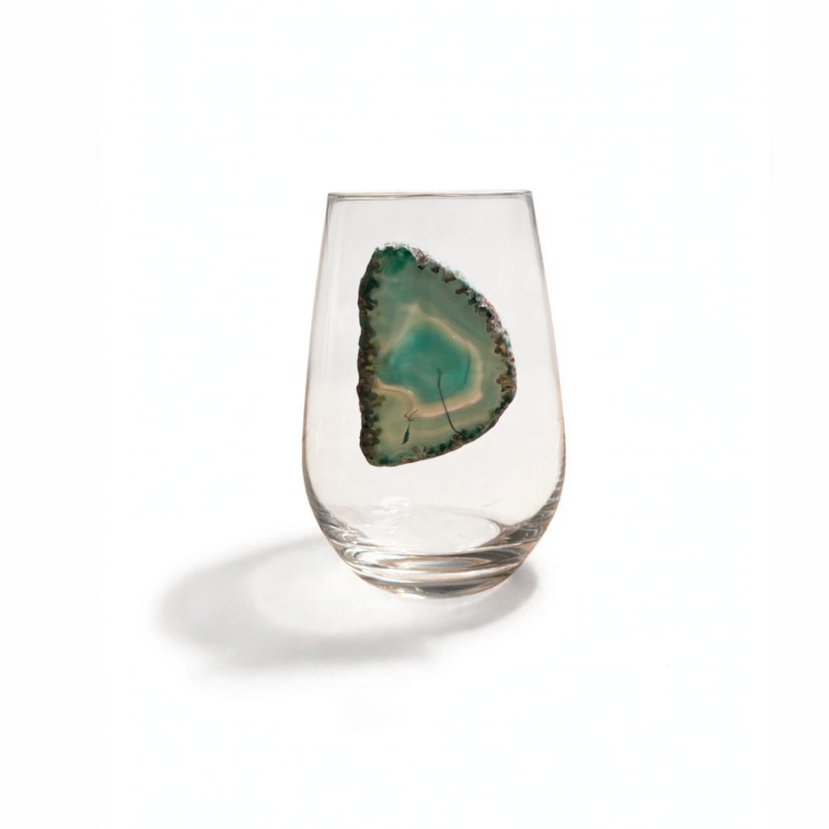 Light green and Clear Agate Geode on Crystal Stemless Wineglass. Set of 4