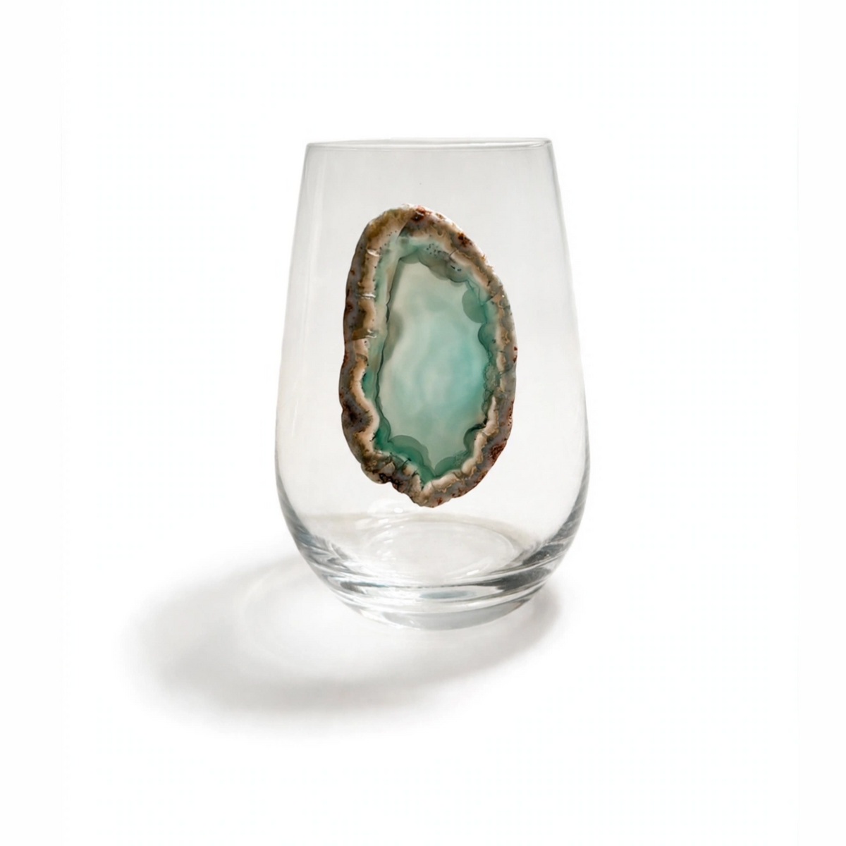 Light green and Clear Agate Geode on Crystal Stemless Wineglass. Set of 4