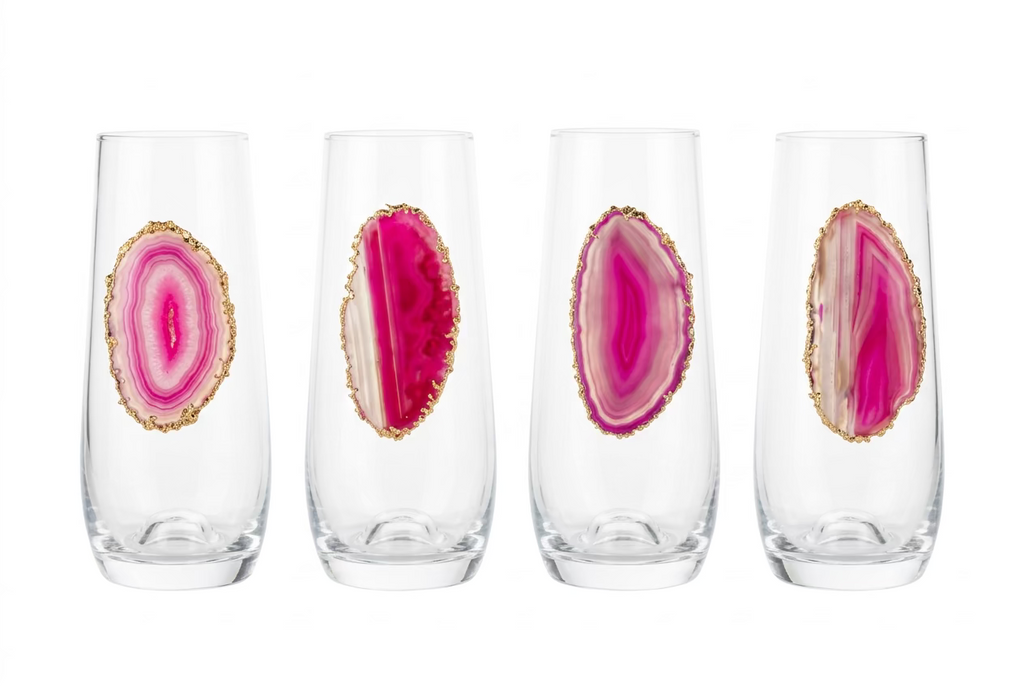 Pink Agate Sliced Geodes with Pyrite Rim. Set of 4