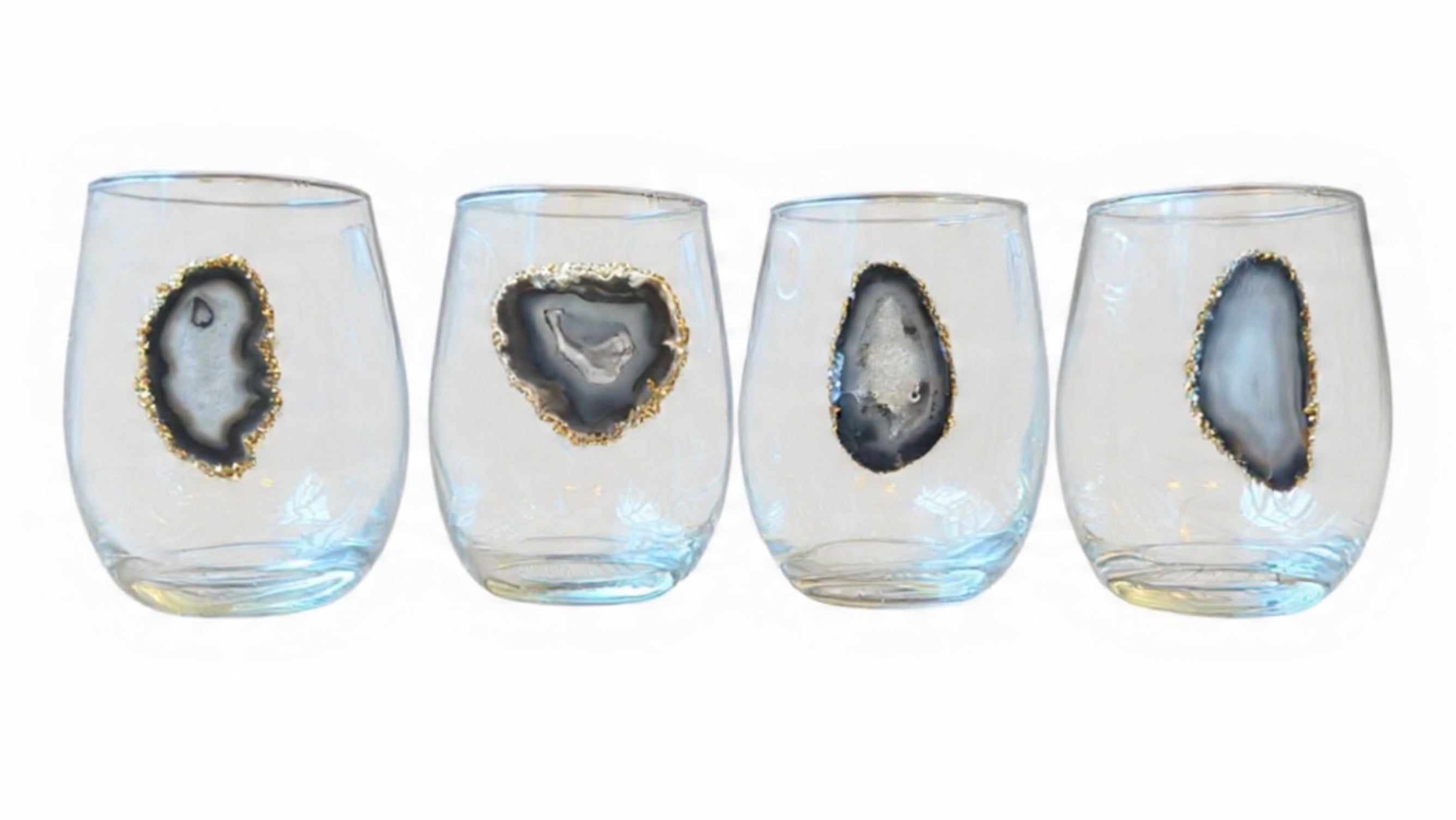 Black and gray agate geode stemless wine glasses. Set of 4