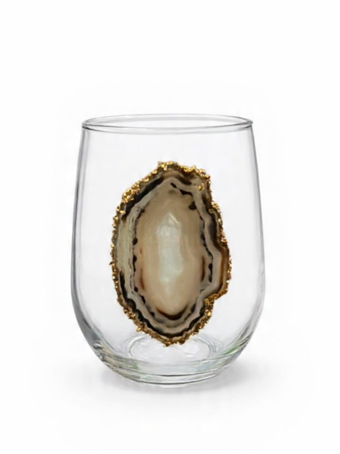 Grey Agate Sliced Geodes. Stemless wineglass set of 4