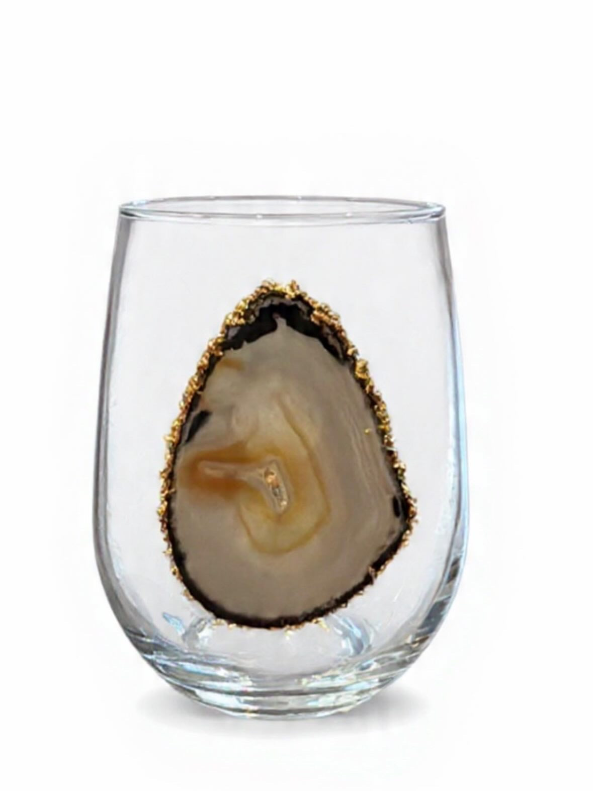 Grey Agate Sliced Geodes. Stemless wineglass set of 4