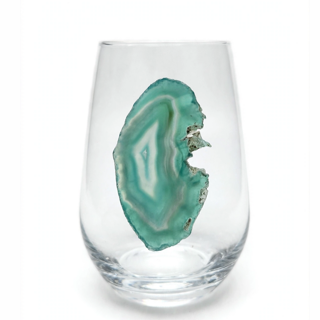 Green Agate Sliced Geodes on Crystal Wineglass. Set of 4