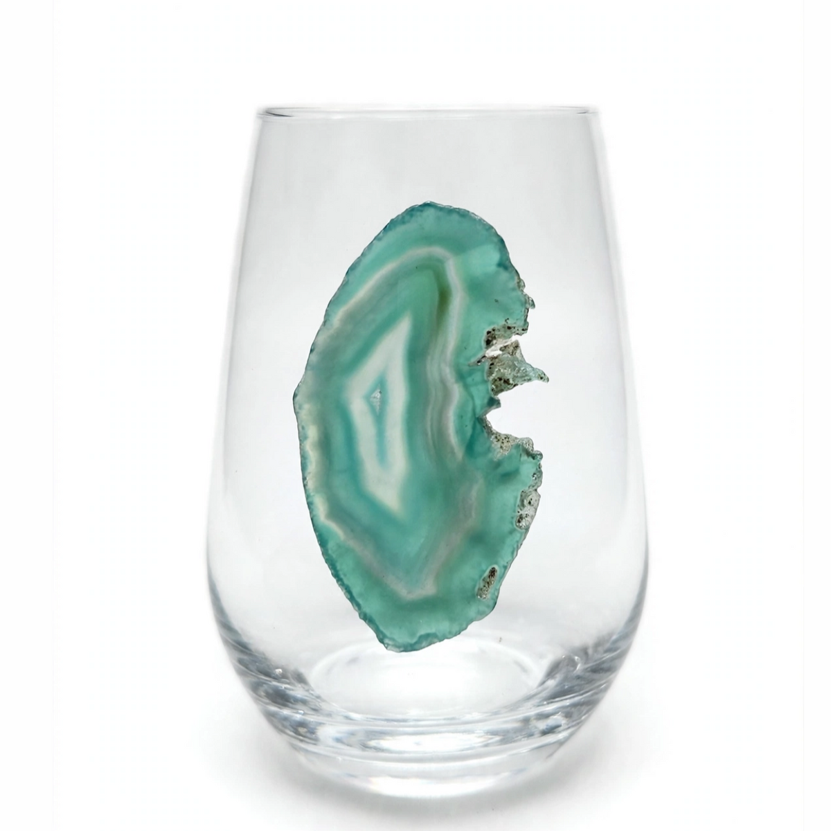 Green Agate Sliced Geodes on Crystal Wineglass. Set of 4