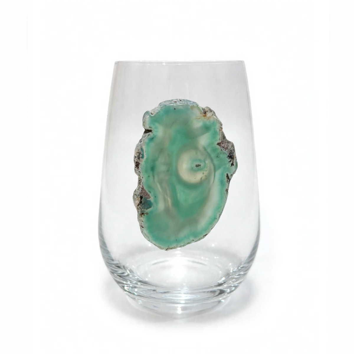 Green Agate Sliced Geodes on Crystal Wineglass. Set of 4