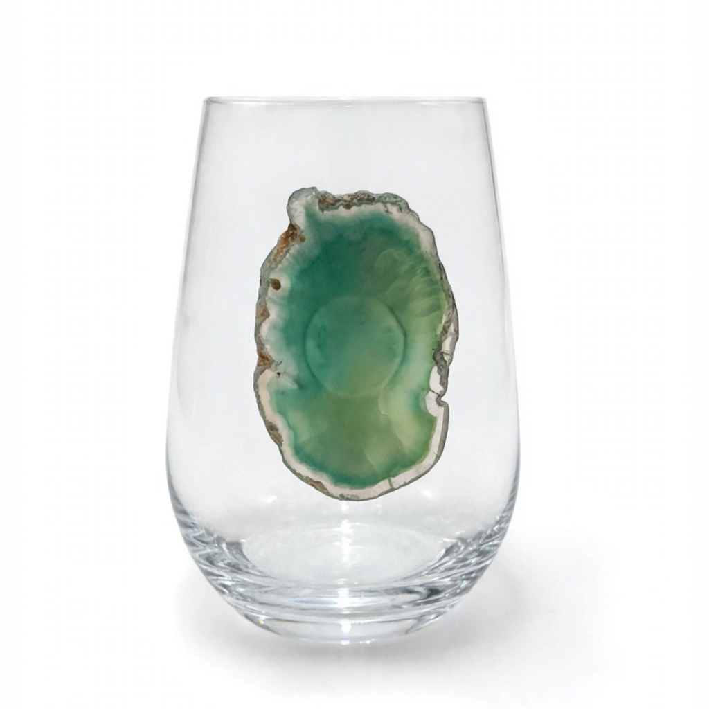 Green Agate Sliced Geodes on Crystal Wineglass. Set of 4
