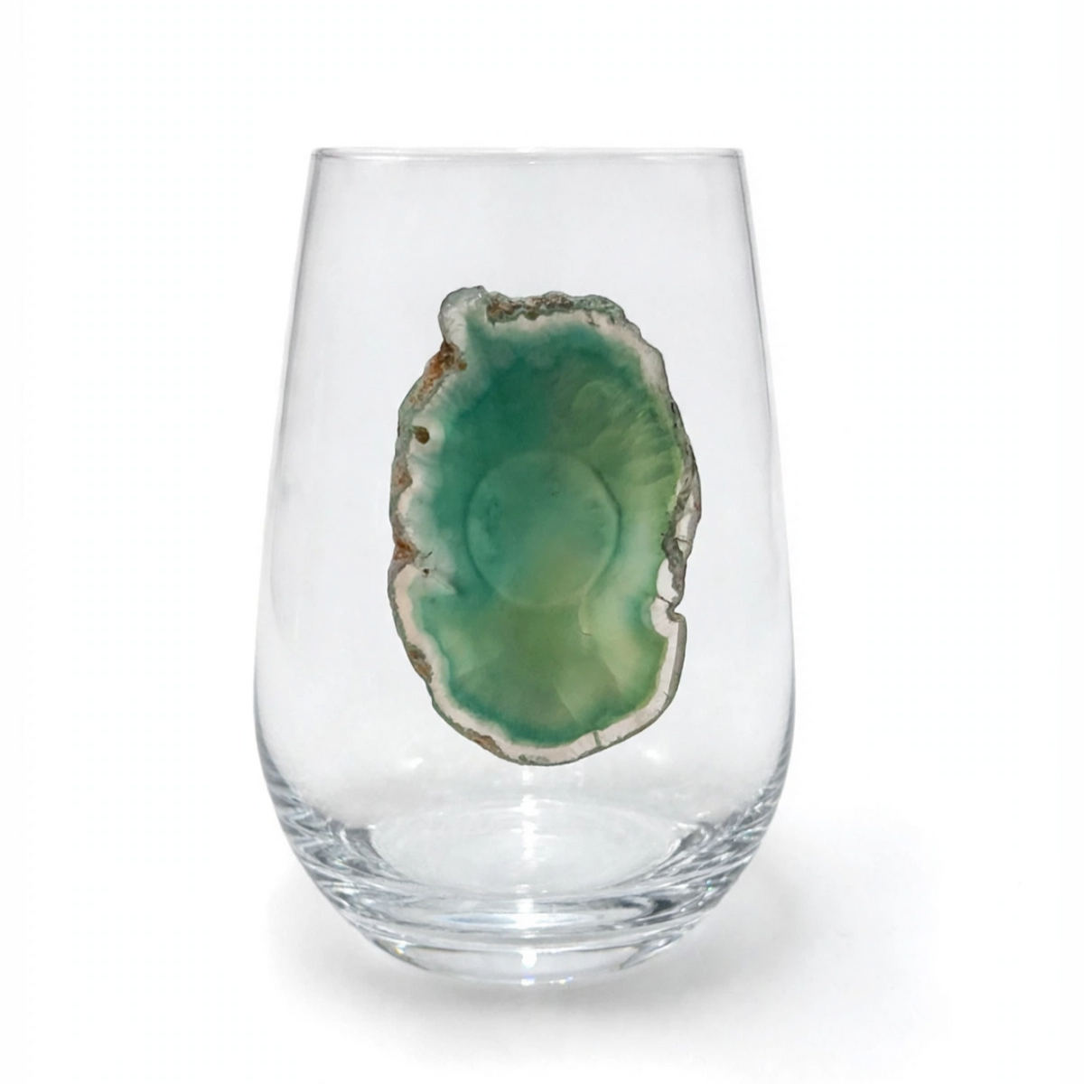 Green Agate Sliced Geodes on Crystal Wineglass. Set of 4