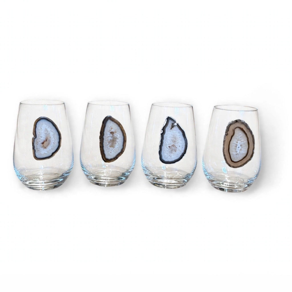 Neutral Agate Geode on Crystal Wineglass. Set of 4