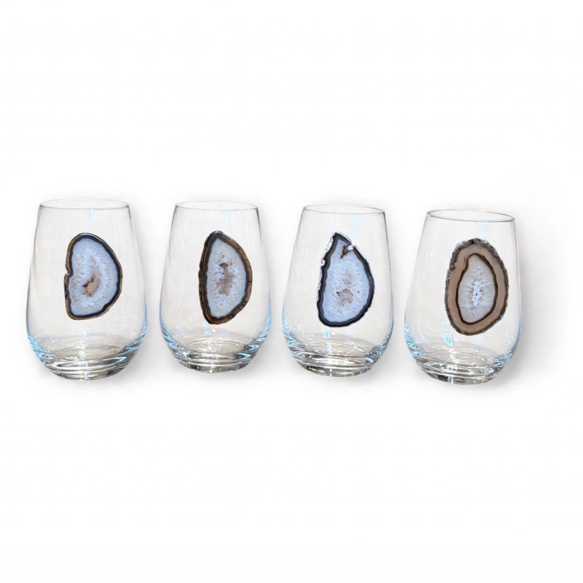 Neutral Agate Geode on Crystal Wineglass. Set of 4