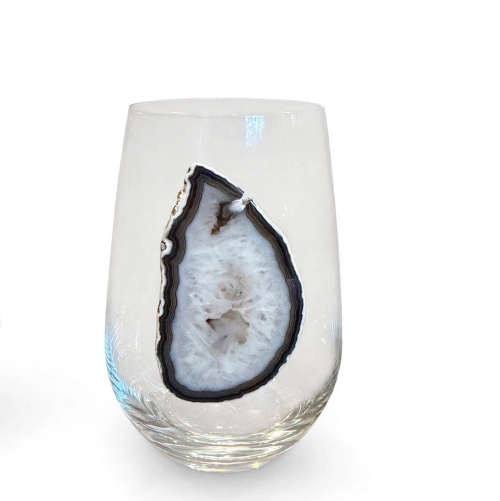 Neutral Agate Geode on Crystal Wineglass. Set of 4