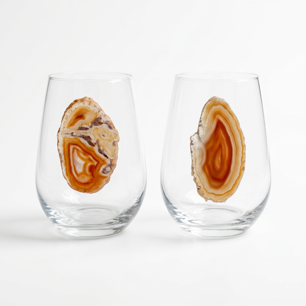 Orange Agate Sliced Geode on Crystal Wineglass. Set of 4