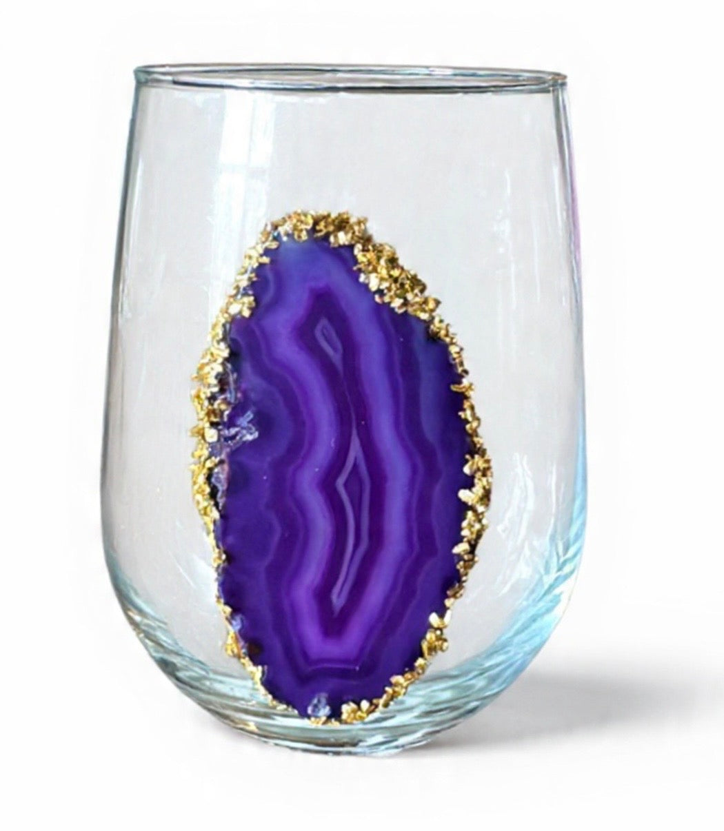 Purple Sliced Agate Geode Stemless Wine Glass. Set of 4