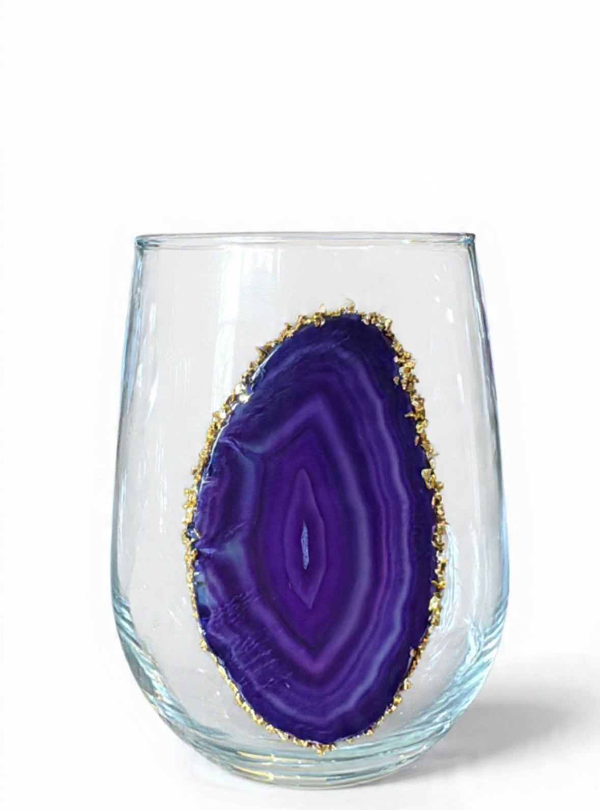 Purple Sliced Agate Geode Stemless Wine Glass. Set of 4