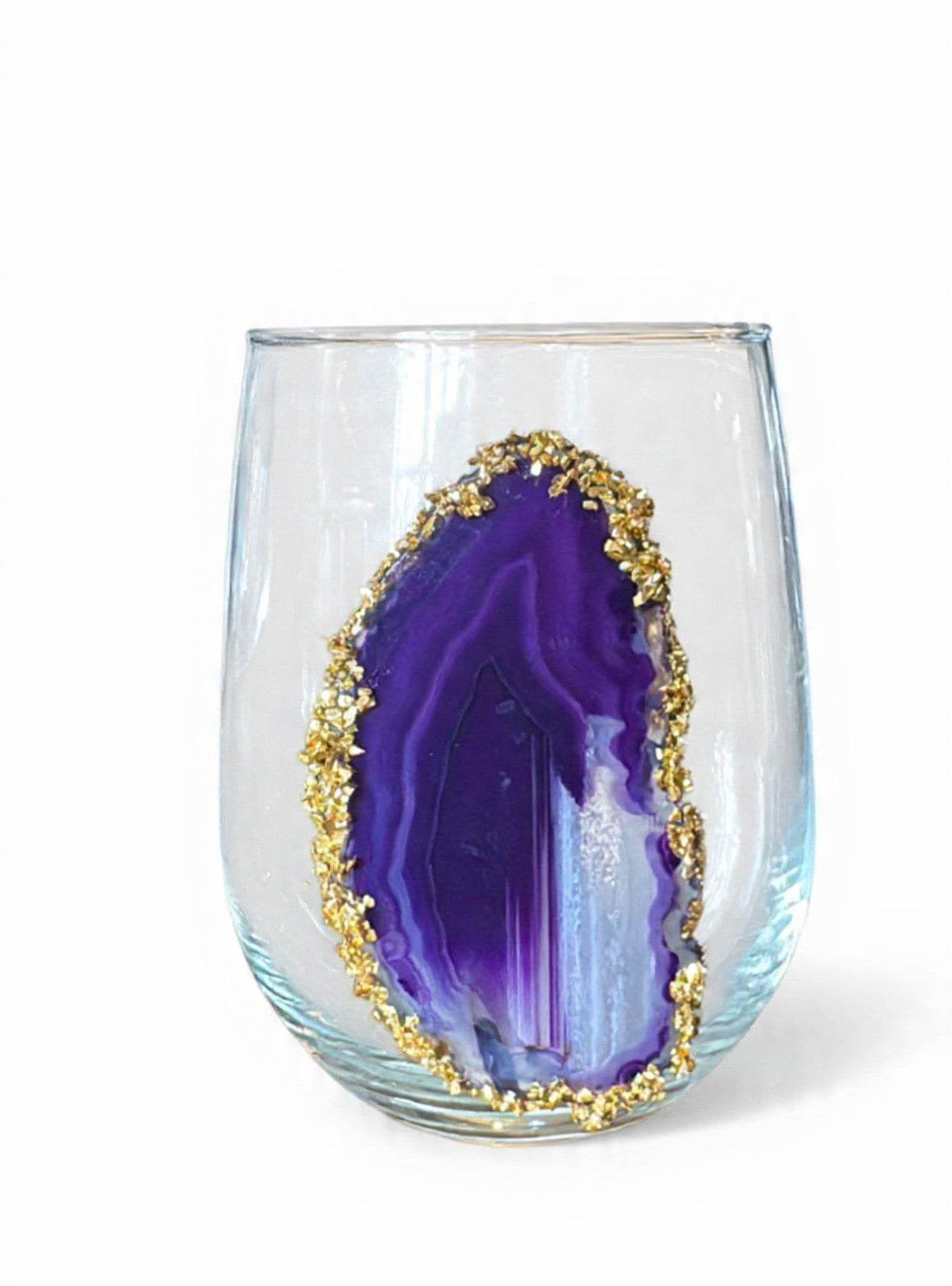 Purple Sliced Agate Geode Stemless Wine Glass. Set of 4
