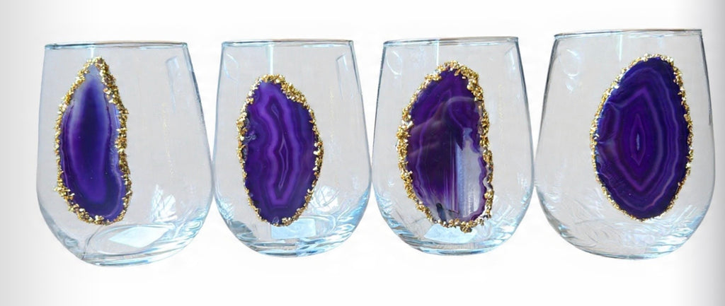 Purple Sliced Agate Geode Stemless Wine Glass. Set of 4