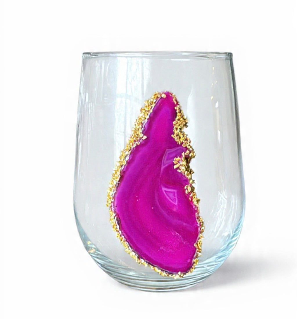 Pink Sliced Agate Geode Stemless Wineglass. Set of 4