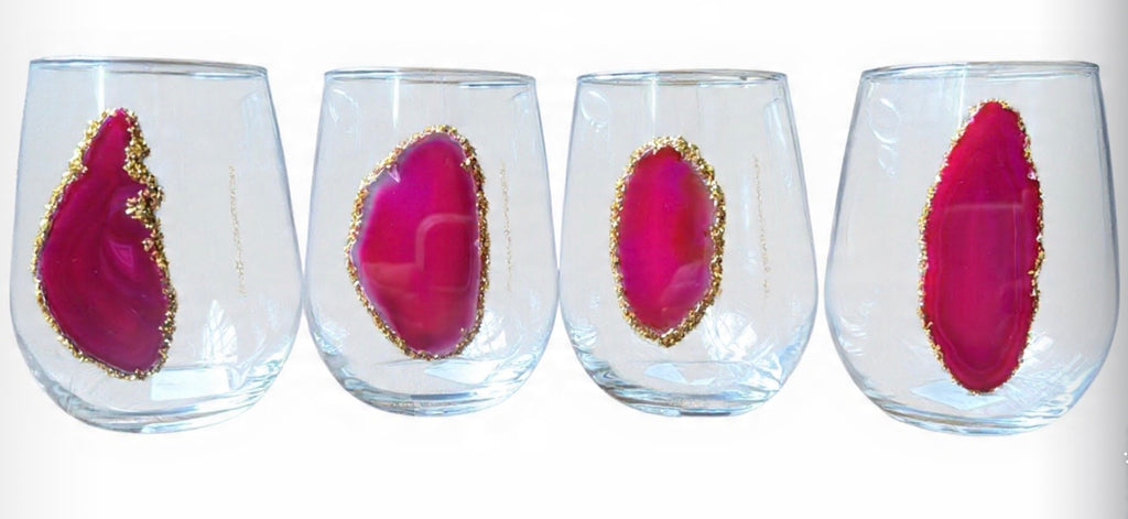 Pink Sliced Agate Geode Stemless Wineglass. Set of 4