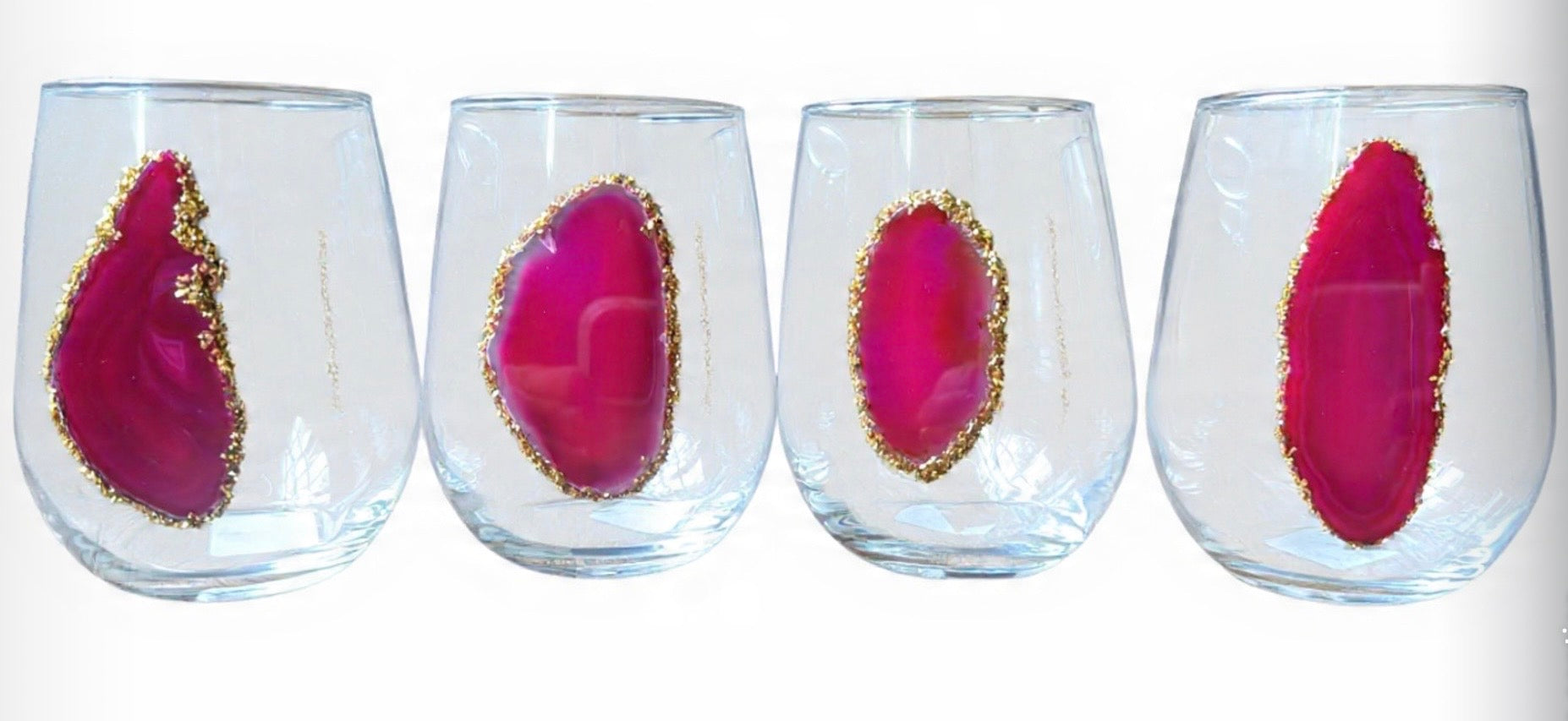 Pink Sliced Agate Geode Stemless Wineglass. Set of 4