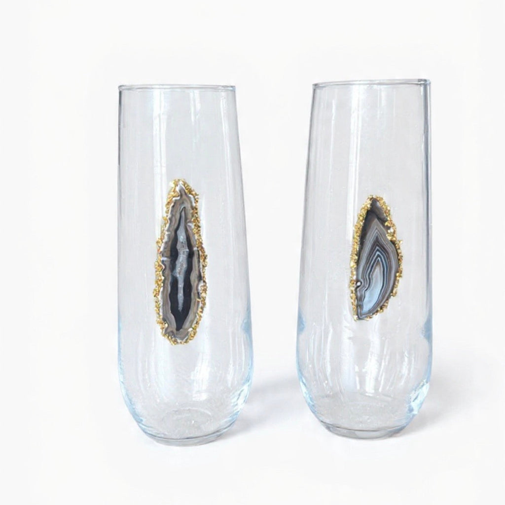 Black / Grey Sliced Agate Geode Stemless Champagne Glass. Set of 4