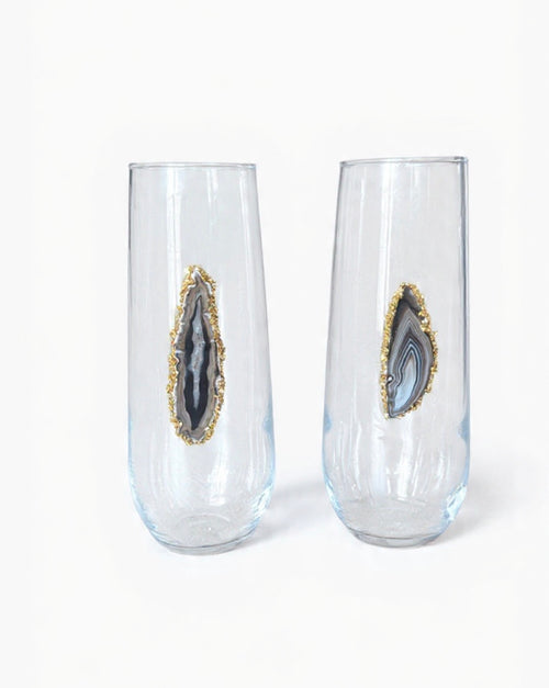 Black / Grey Sliced Agate Geode Stemless Champagne Glass. Set of 4