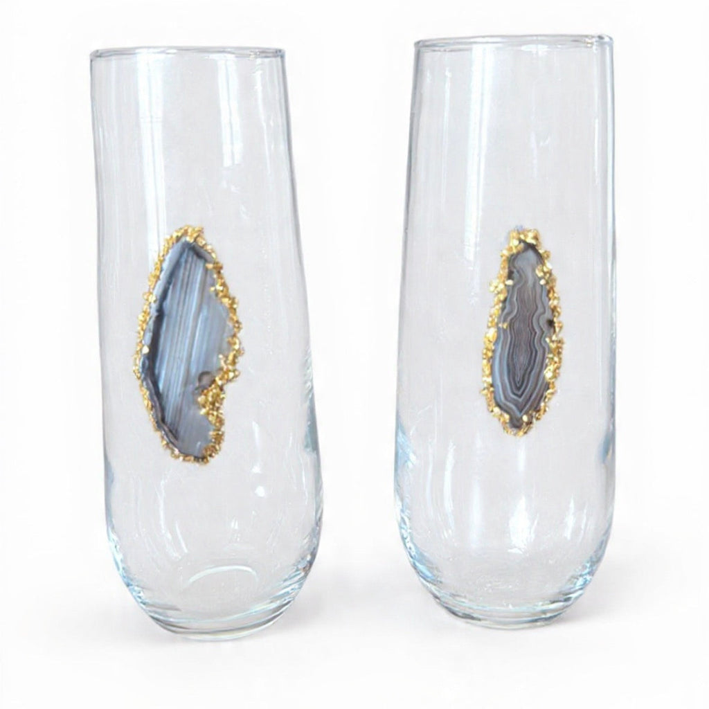 Black / Grey Sliced Agate Geode Stemless Champagne Glass. Set of 4