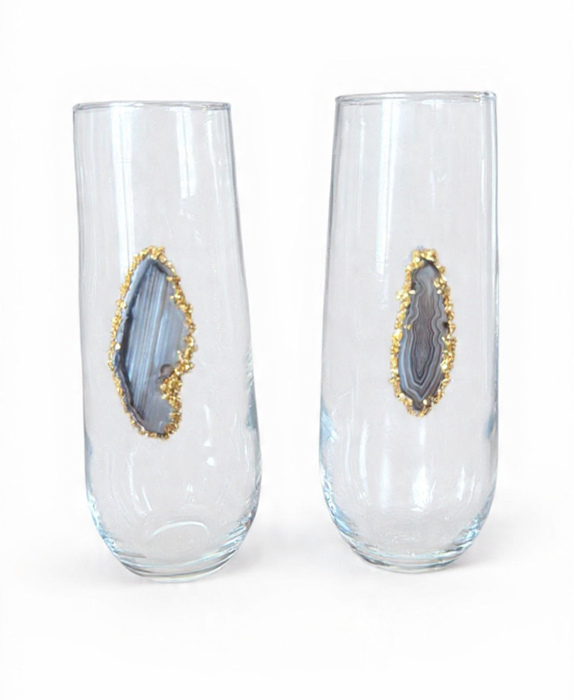 Black / Grey Sliced Agate Geode Stemless Champagne Glass. Set of 4