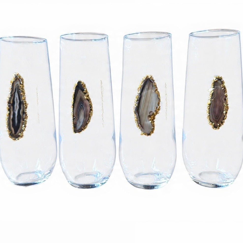 Black / Grey Sliced Agate Geode Stemless Champagne Glass. Set of 4