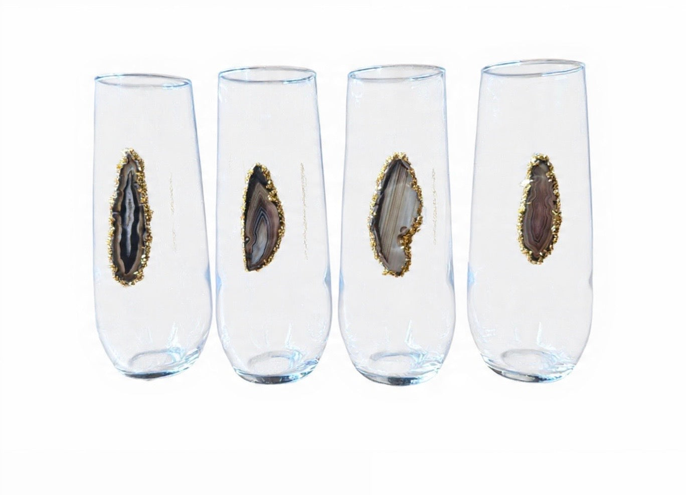 Black / Grey Sliced Agate Geode Stemless Champagne Glass. Set of 4