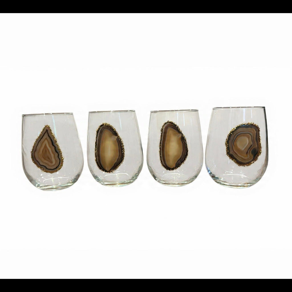 Natural Agate Sliced Geodes Stemless Wineglasses. Set of 4.