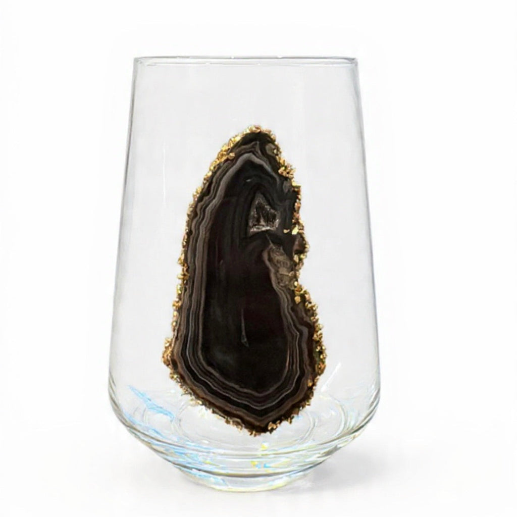 Black Agate Sliced Geode Stemless Wineglasses. Set of 4