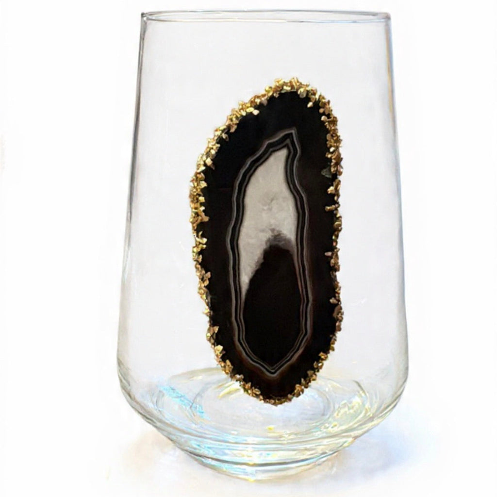 Black Agate Sliced Geode Stemless Wineglasses. Set of 4