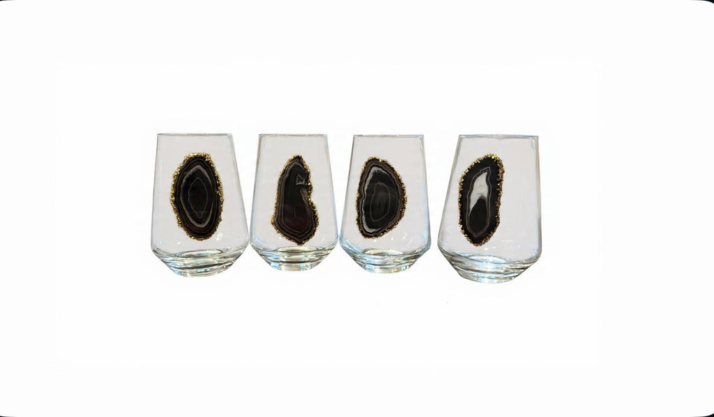 Black Agate Sliced Geode Stemless Wineglasses. Set of 4