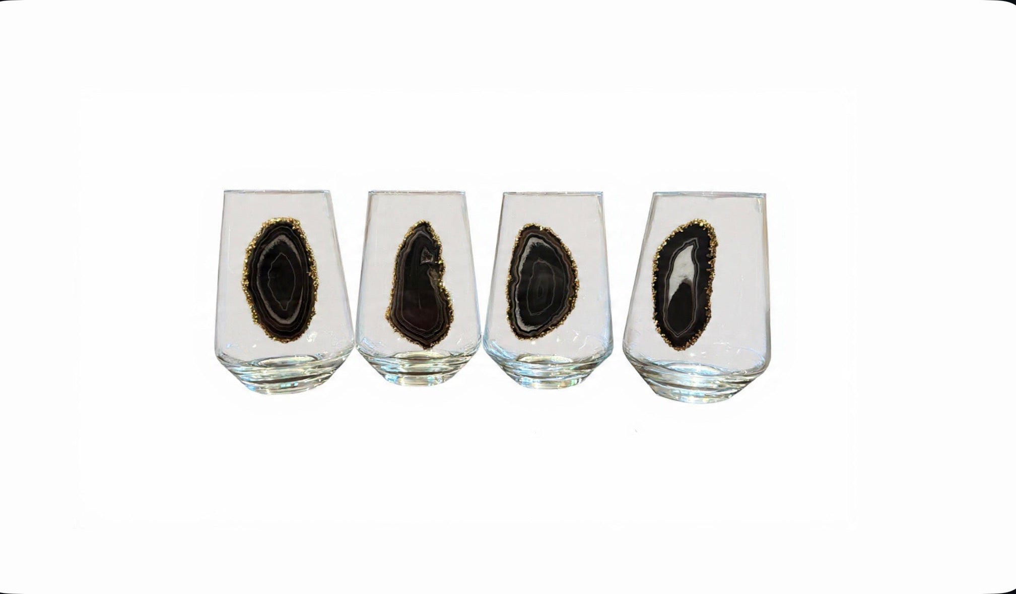 Black Agate Sliced Geode Stemless Wineglasses. Set of 4