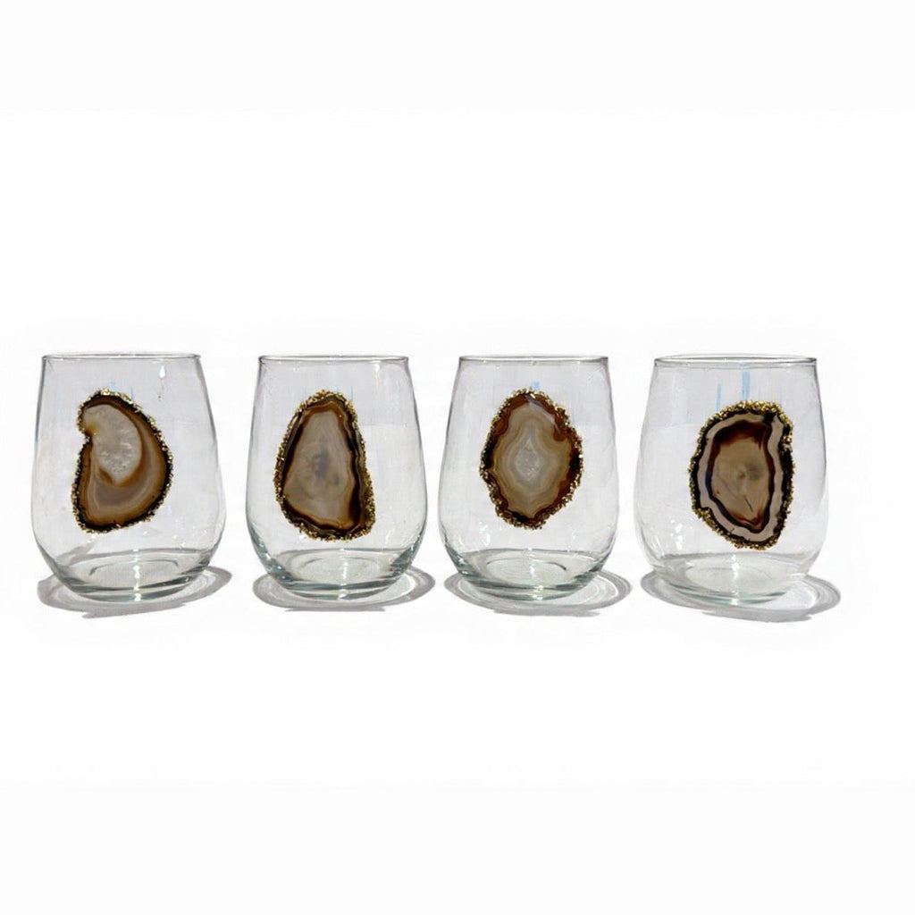 Natural Agate Sliced Geode Stemless Wineglass. Set of 4.