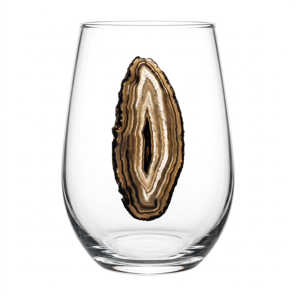 Black and gray agate sliced geode on crystal wine glass. Set of 4.