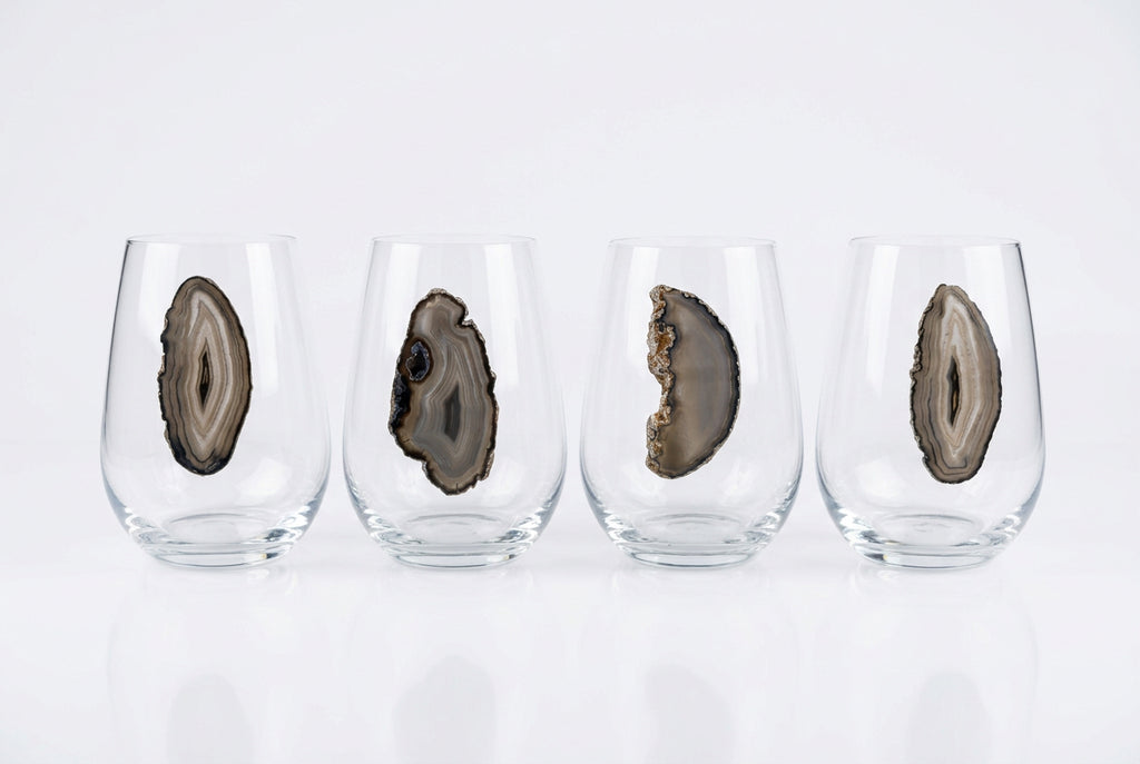 Grey and black Agate Geode on Crystal. Set of 4