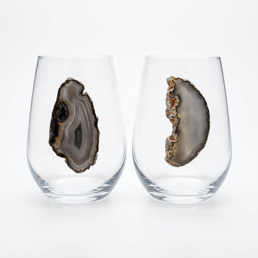 Grey and black Agate Geode on Crystal. Set of 4